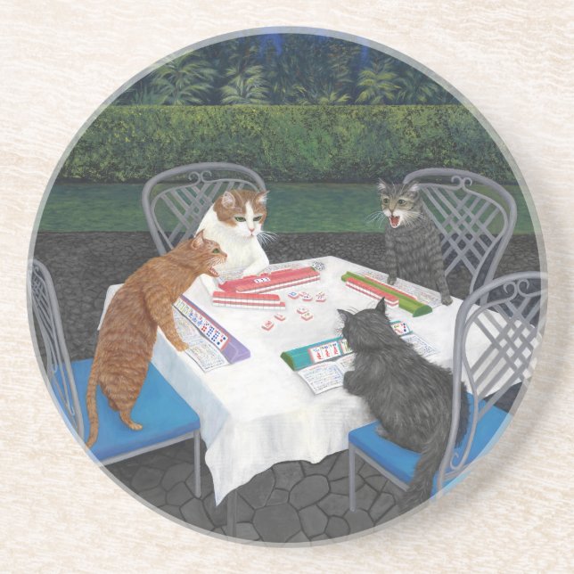 Dessous De Verre En Grès Chats jouant au Mahjong (Devant)