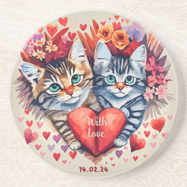 Dessous De Verre En Grès Chats Valentines au coeur (Devant)