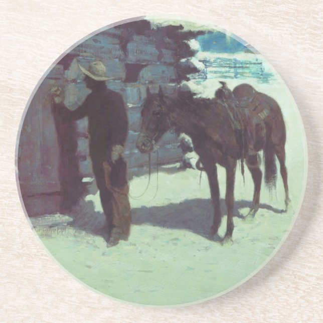 Dessous De Verre En Grès Cheval et Cowboy neige hivernale (Devant)