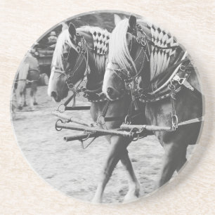 Dessous De Verre En Grès Chevaux en noir et blanc