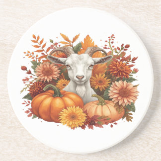 Dessous De Verre En Grès Chèvre avec fleurs d'automne & Citrouille