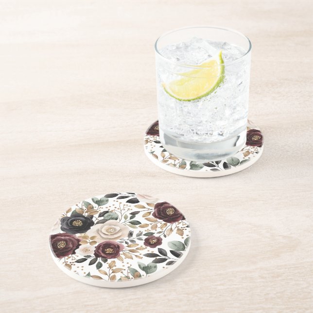 Dessous De Verre En Grès Chic Bourgogne Crème Floral (Côté)