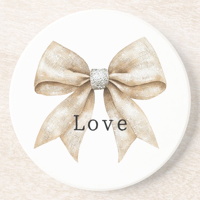 Dessous De Verre En Grès Chic Crème Argent Glam Bow Love (Devant)