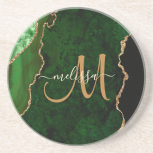 Dessous De Verre En Grès Chic Green Gold Agate Script personnalisé Monogram