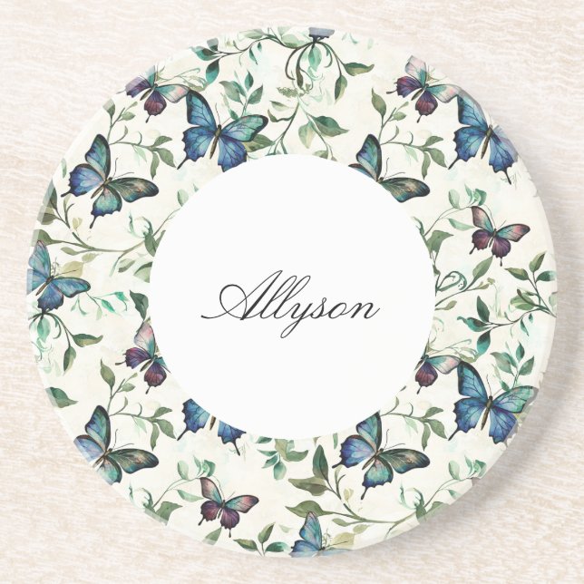 Dessous De Verre En Grès Chic Romantique Papillons Bleus Baby Shower (Devant)
