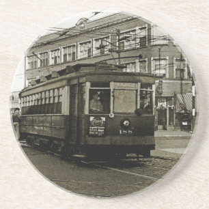 DESSOUS DE VERRE EN GRÈS CHICAGO 63E ET OCCIDENTALE 1952 TROLLEY ART SEPIA