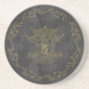 Dessous De Verre En Grès Chinoiserie Florale Élégante Pagode Vintage en Or