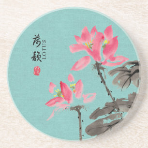Dessous De Verre En Grès Chinoiserie Libre Aquarelle Lotus Fleurs