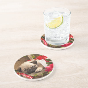 Dessous De Verre En Grès Chiot et boîte-cadeau de carlin