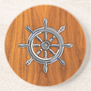 Dessous De Verre En Grès Chrome style Nautical Wheel on Teak