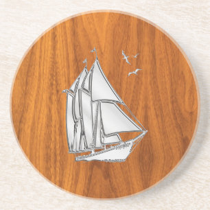 Dessous De Verre En Grès Chromes Silver like Sailboat on Teak Veneer