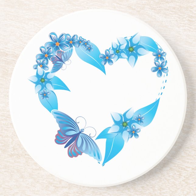 Dessous De Verre En Grès Coeur papillon bleu floral (Devant)
