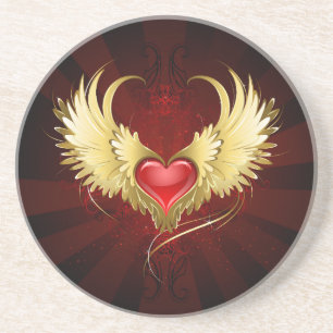 Dessous De Verre En Grès Coeur rouge avec ailes d'or