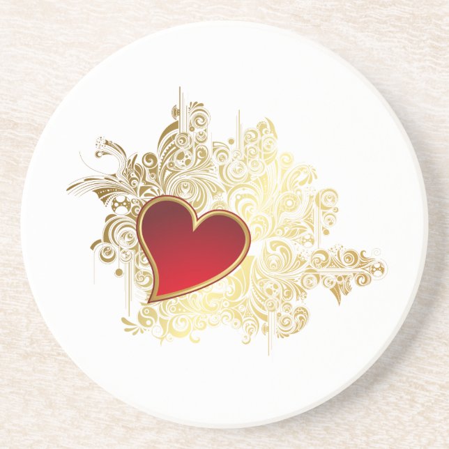 Dessous De Verre En Grès Coeur rouge sur Gold Filigree (Devant)