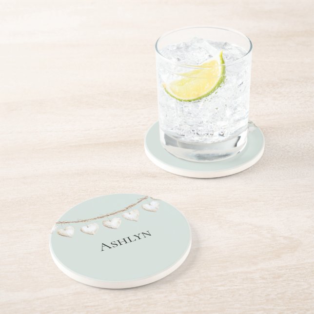 Dessous De Verre En Grès Coeurs blancs Chic Mint Green (Côté)