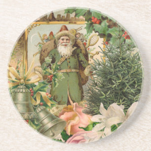 Dessous De Verre En Grès Collage de Noël Père Noël vert de l'ancien monde A