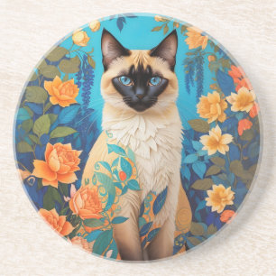 Dessous De Verre En Grès Coloré bleu chat siamois floral