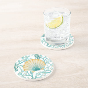 Dessous De Verre En Grès Coquillage à l'aquarelle bleu-vert