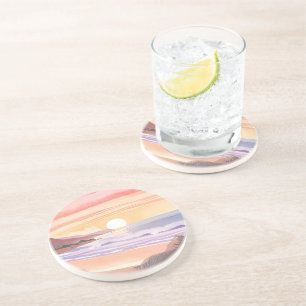 Dessous De Verre En Grès Coucher de soleil sur la mer rose   Peinture aquar