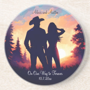 Dessous De Verre En Grès Couple de cow-boys pour un anniversaire de mariage