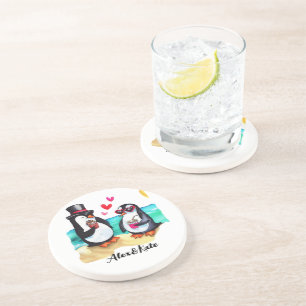 Dessous De Verre En Grès Couple de pingouin drôle, Animaux en amour