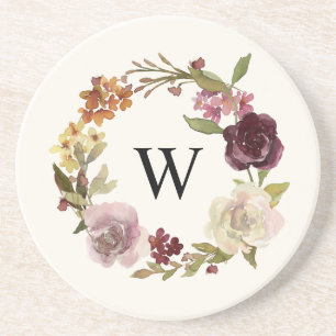 Dessous De Verre En Grès Couronne de monogramme à l'aquarelle florale Beige