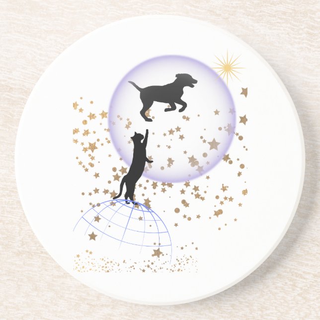 Dessous De Verre En Grès Curieux chat et chien courant (Devant)