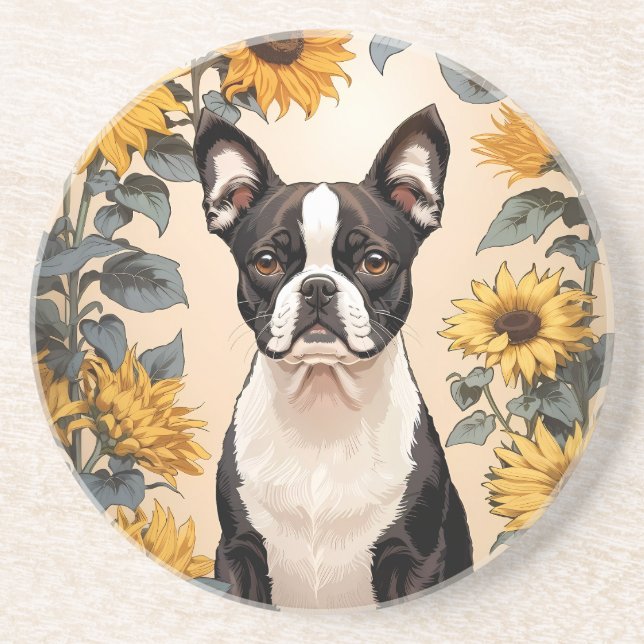 Dessous De Verre En Grès Cute Boston Terrier Yellow Sunflowers (Devant)