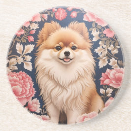 Dessous De Verre En Grès Cute Chien Poméranien Rose Floral