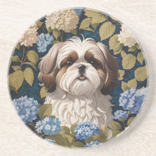 Dessous De Verre En Grès Cute Shih Tzu Chiot Blue hydrangea fleurs