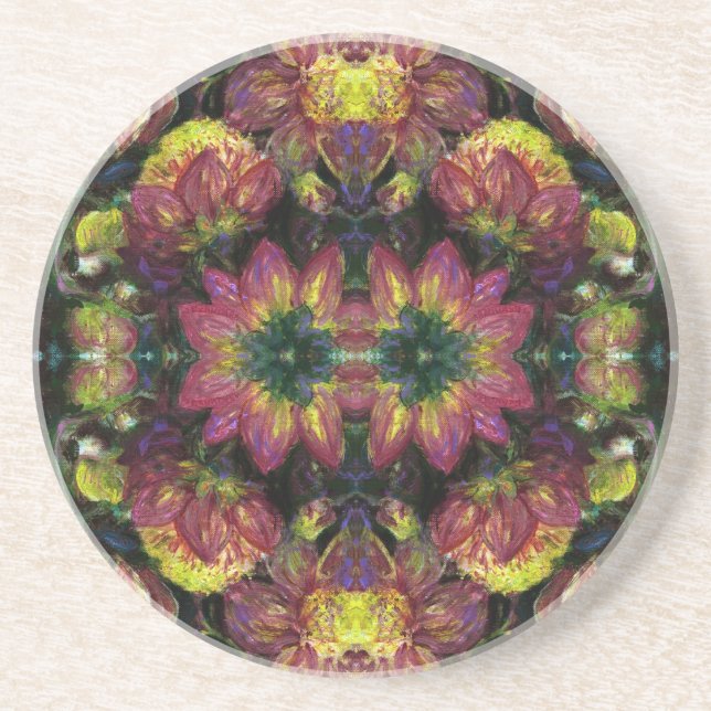 Dessous De Verre En Grès Dahlias jaunes et roses (Devant)