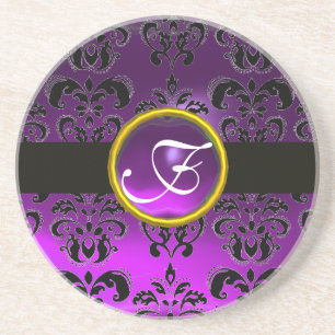Dessous De Verre En Grès DAMAS NOIR ET VIOLET Monogramme Améthyste