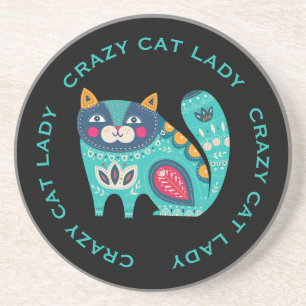 Dessous De Verre En Grès Dame de chat fou, Fun Stylisé Chat sur Noir