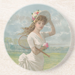 Dessous De Verre En Grès Dame de tennis victorienne avec chapeau à fleurs A