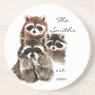 Dessous De Verre En Grès Date personnalisée Monogramme Famille Cute Raccoon