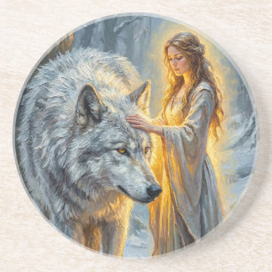 Dessous De Verre En Grès Déesse de l'hiver & Loup Blanc