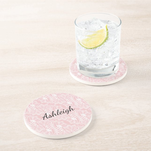 Dessous De Verre En Grès Dentelle florale rose (Côté)