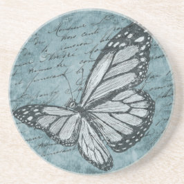 Dessous De Verre En Grès Design de calligraphie à papillon bleu vintage