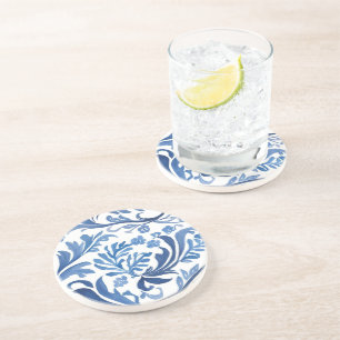 Dessous De Verre En Grès Dessin floral bleu et blanc   Motif de chinoiserie
