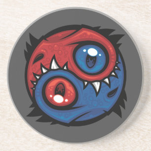 Dessous De Verre En Grès Dragons Yin Yang Rouge et Bleu