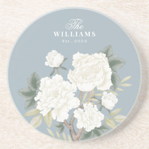 Dessous De Verre En Grès Dusty Blue Chinoiserie Floral Family Monogramme