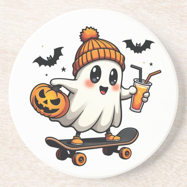 Dessous De Verre En Grès Éffrayant Halloween Patinage Citrouille Fantôme ép (Devant)
