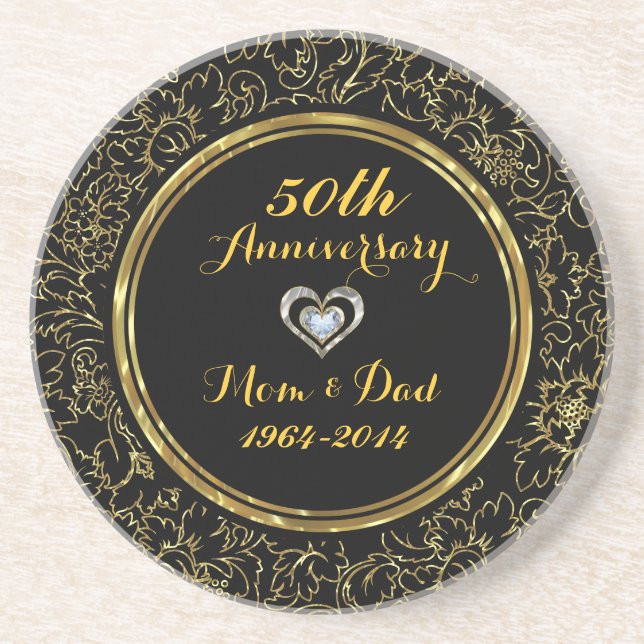 Dessous De Verre En Grès Élégant 50e anniversaire de Mariage Black & Gold (Devant)