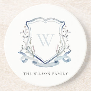 Dessous De Verre En Grès Elegant Blue Wildflower Watercolor Monogram Crest
