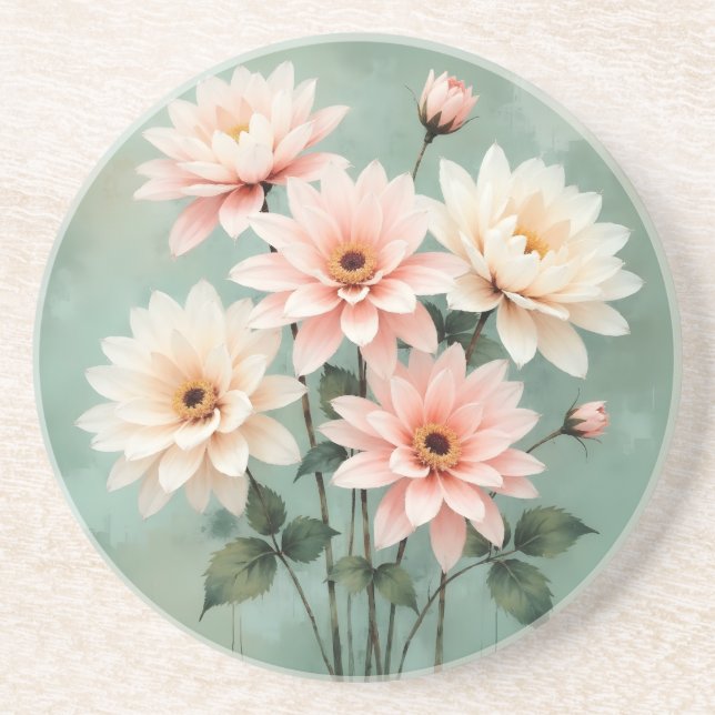Dessous De Verre En Grès Elegant Blush Chrysanthemum Art (Devant)