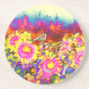 Dessous De Verre En Grès Élégant boho rétro tournesol fleurs rose jaune