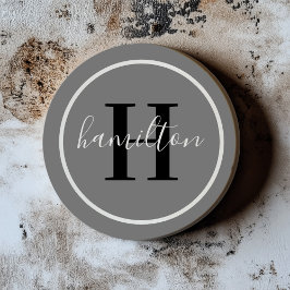 Dessous De Verre En Grès Élégant gris noir rond Monogramme personnalisé ini