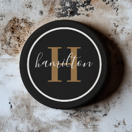 Dessous De Verre En Grès Élégant Marron Noir Rond Monogramme Foncé