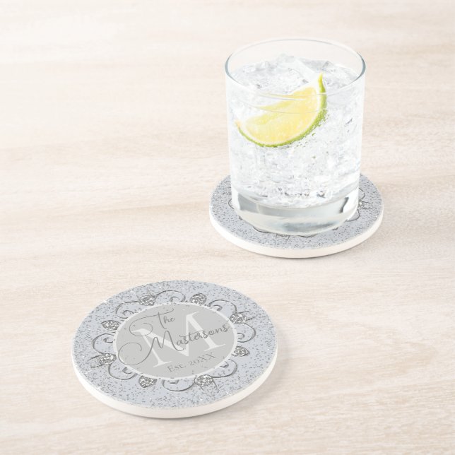 Dessous De Verre En Grès Élégant Monogramme Nom de famille Personnalisé (Côté)