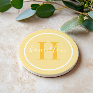 Dessous De Verre En Grès Élégant monogramme rond en écriture cursive jaune 